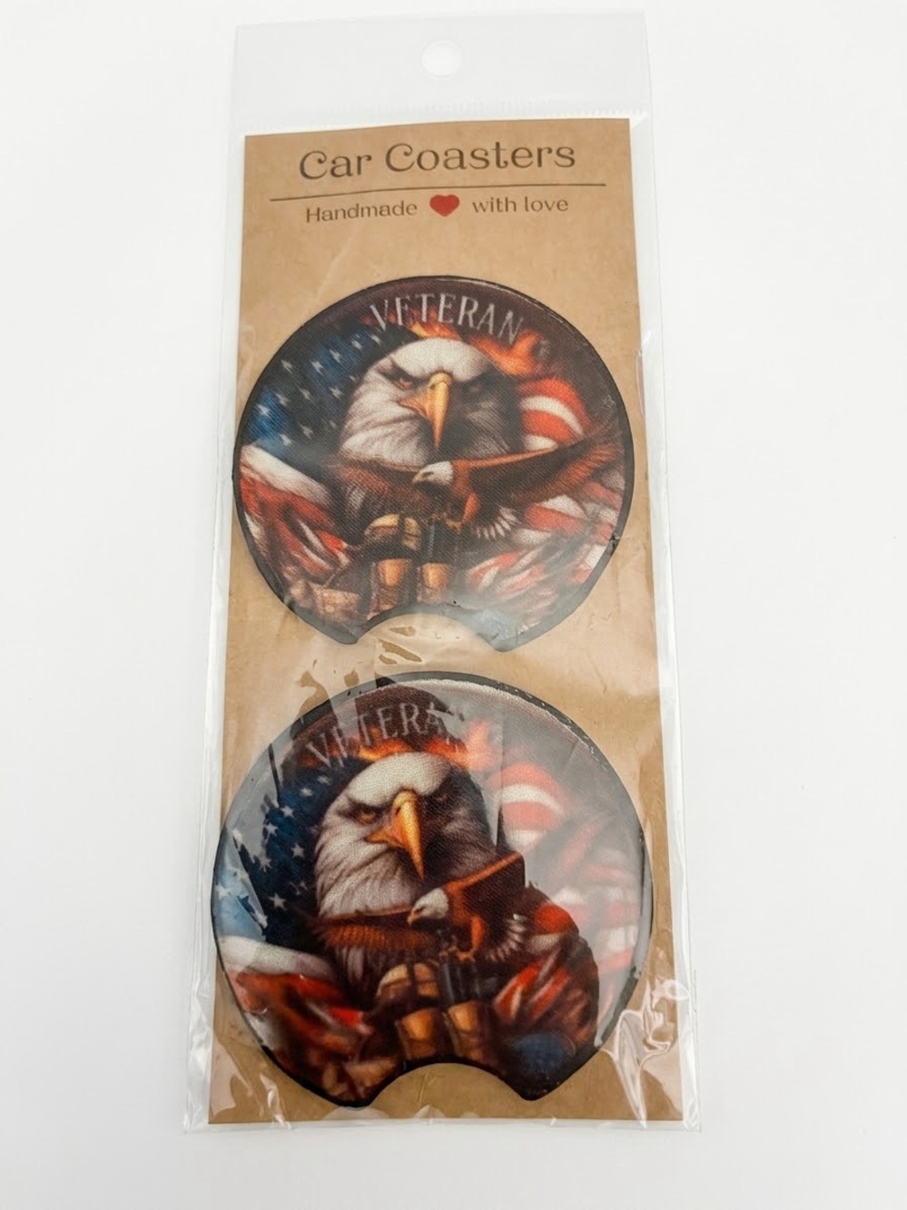 Veteran Eagle Car Coasters - Patriotic Red, White & Blue, NEW